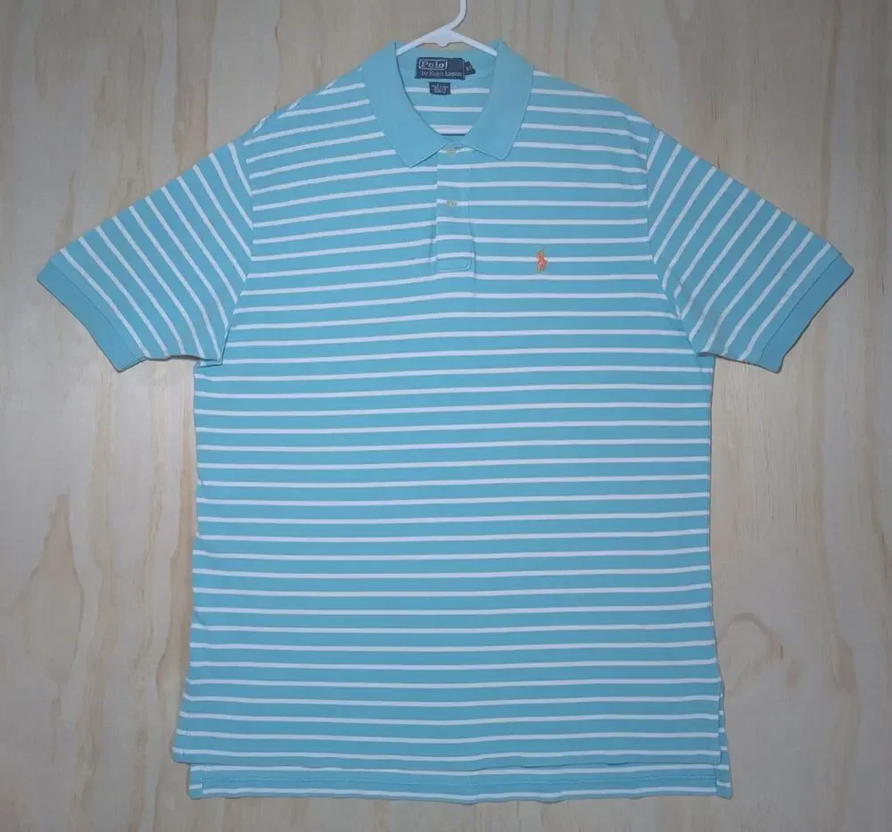 Polo Ralph Lauren Men's XL Shirt Blue White Orange Pony Casual Mesh Cotton